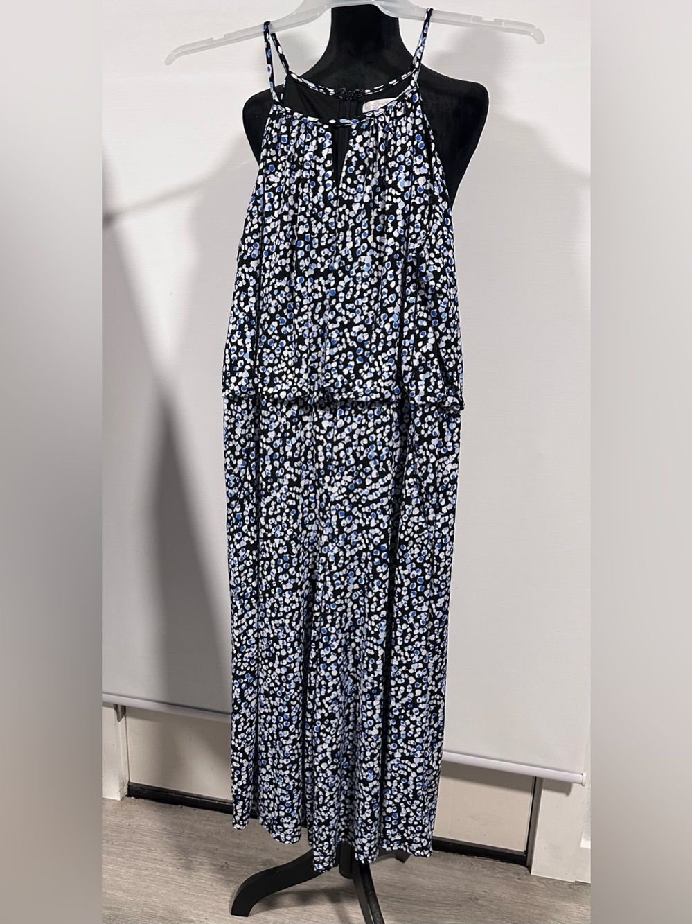 London Times Black Maxi Dress with Blue and White Spot Print